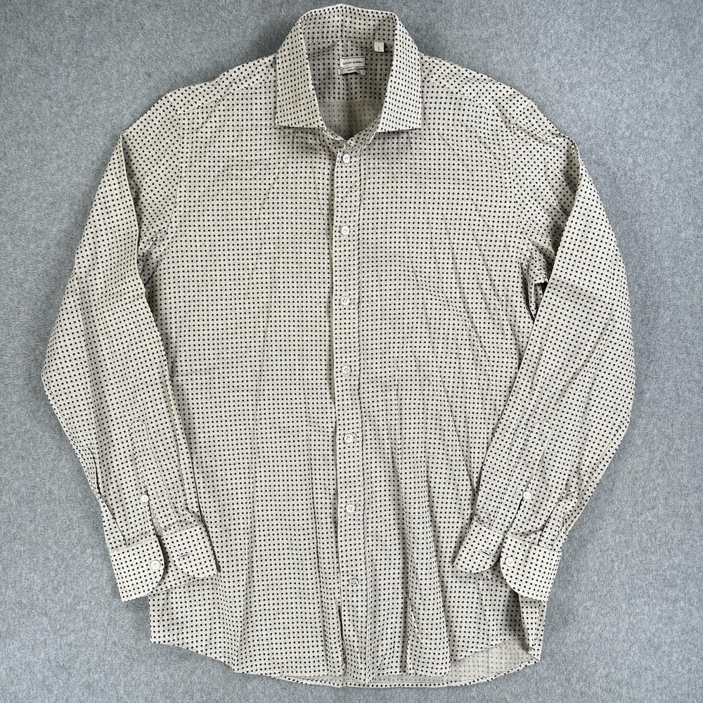 Luciano Barbera Shirt Mens Large Beige Blue Polka Dot Cotton Linen Made Italy